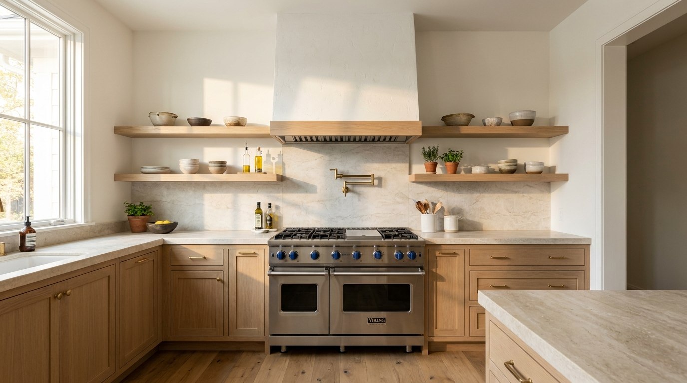 A luxury kitchen with a Viking refrigerator built into the cabinetry and a Viking range
